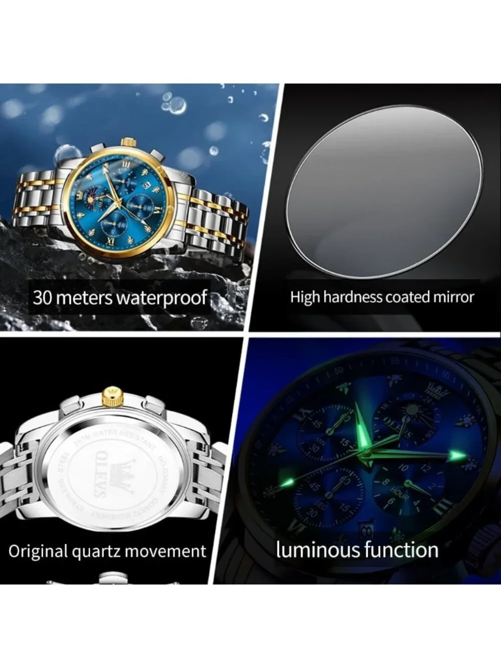 Men's Blue Diamond Analog Quartz Stainless Waterproof Luminous Classic Watch